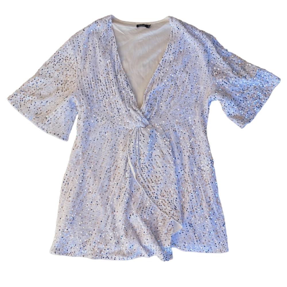 Silver White sequin dress with knotted front